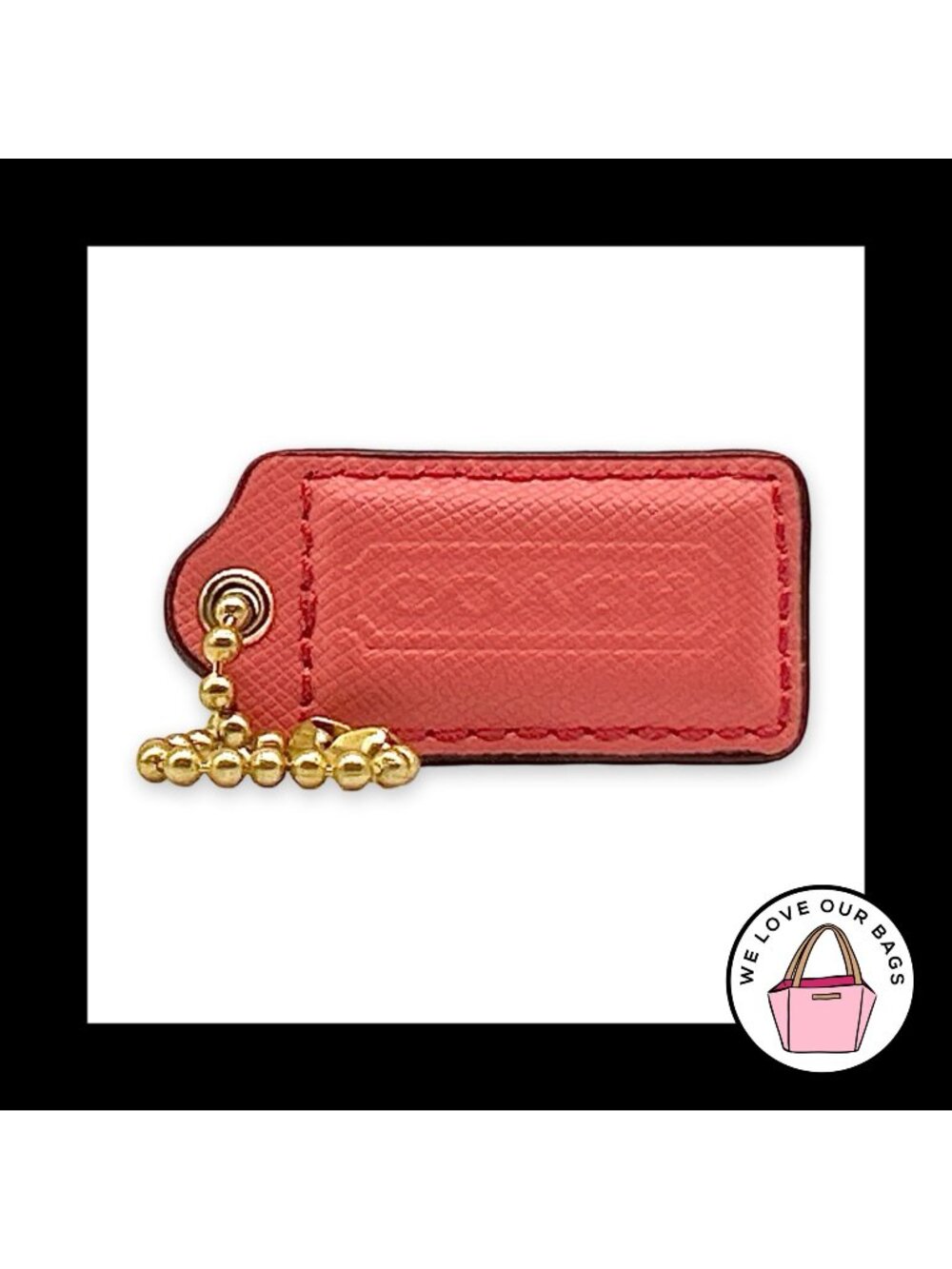 COACH HANG TAG 2" Pink Salmon Crossgrain Leather Bag Charm Keychain Fob Brass
